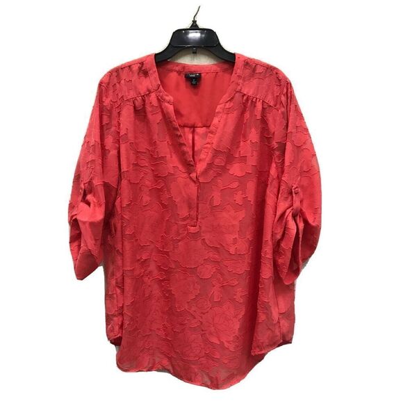 Torrid Harper pullover blouse 2 Floral Roll Tab Sleeve Sheer Burnout Coral - Picture 1 of 10